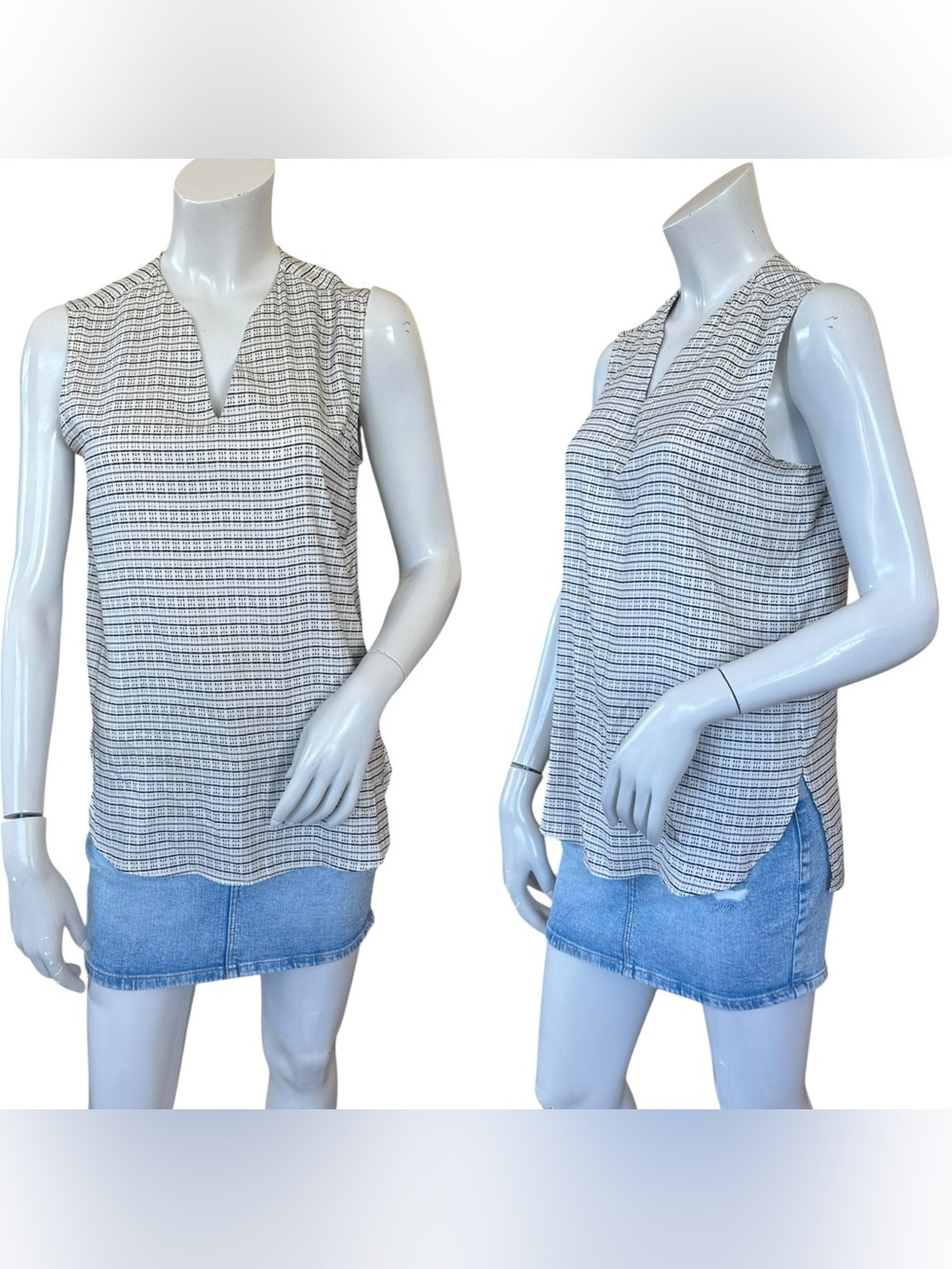 M.M. LA FLEUR Ivory & Black Striped Printed Modest Sleeveless Blouse Size Small